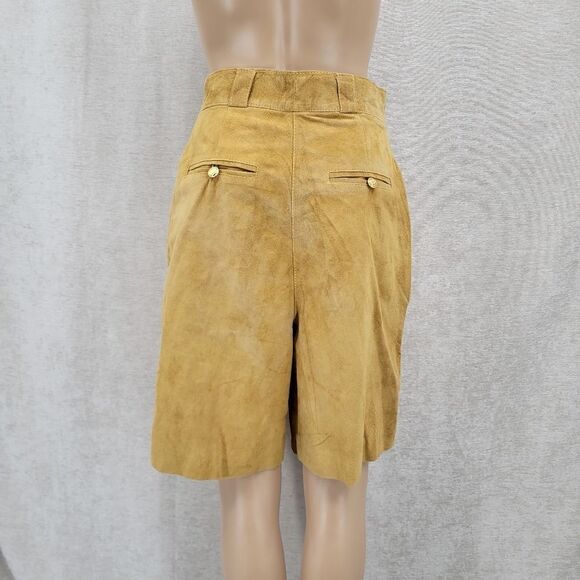 Suede Trouser Shorts Pleated Paperbag Culottes Leather Vintage Golden Tan - Picture 6 of 15